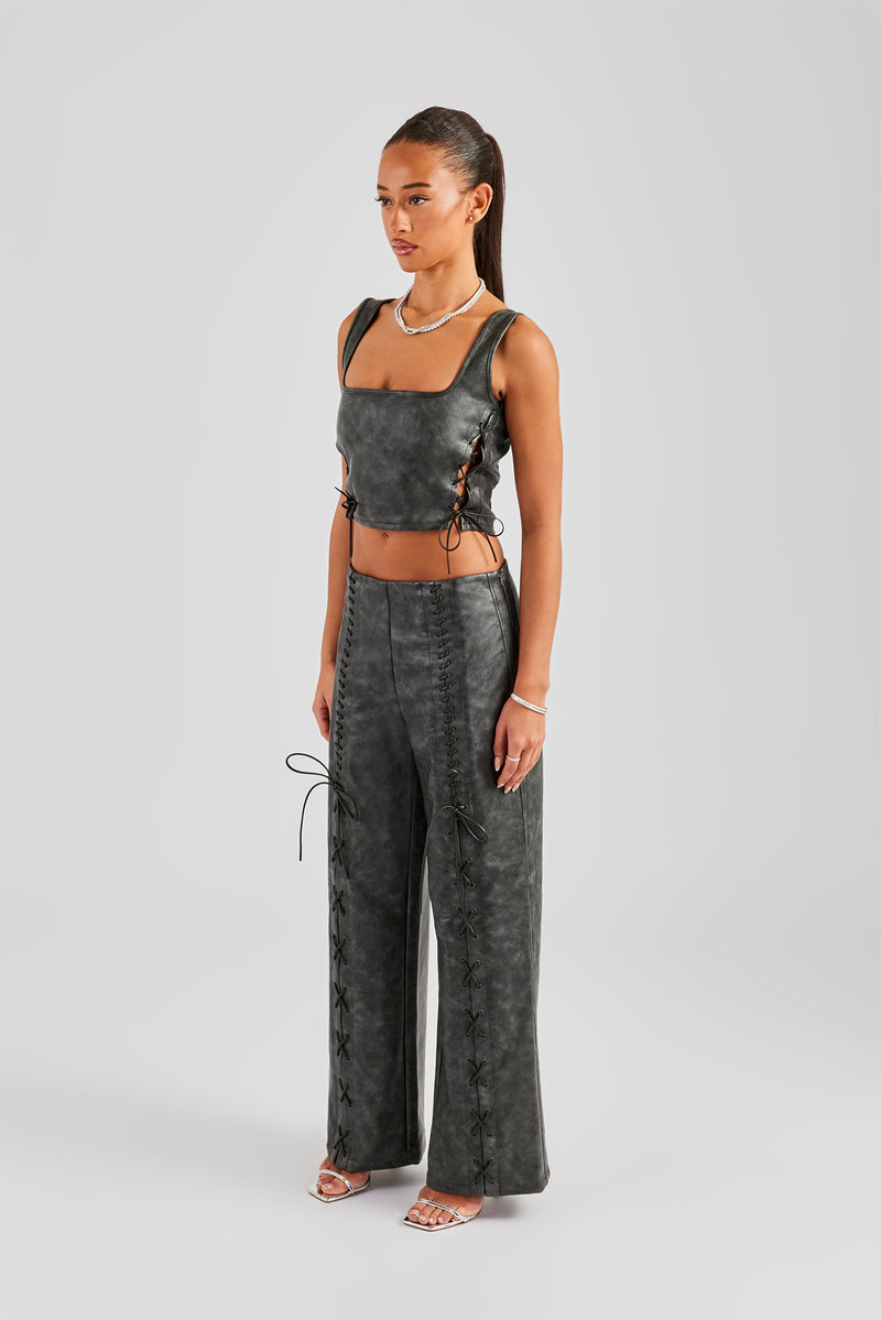 Washed PU Square Neck Top & Lace Up Trouser - Charcoal