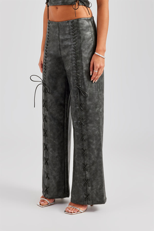 Washed PU Lace Up Detail Trouser - Charcoal