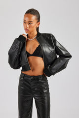 Embossed Cross PU Bomber Jacket - Black