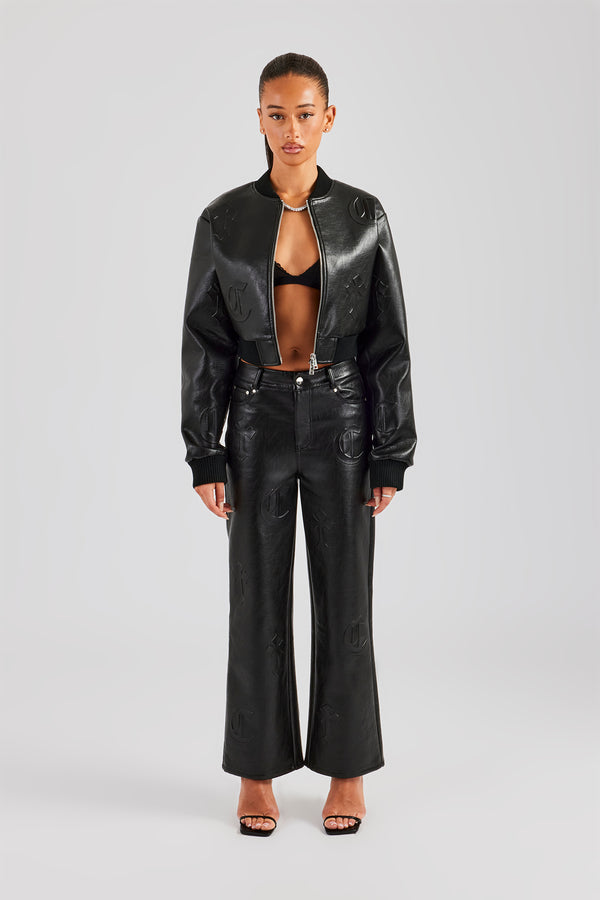 Embossed Cross PU Bomber & Straight Leg Trouser Set - Black