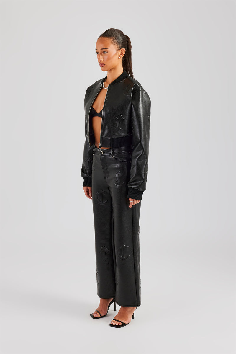 Embossed Cross PU Bomber & Straight Leg Trouser Set - Black