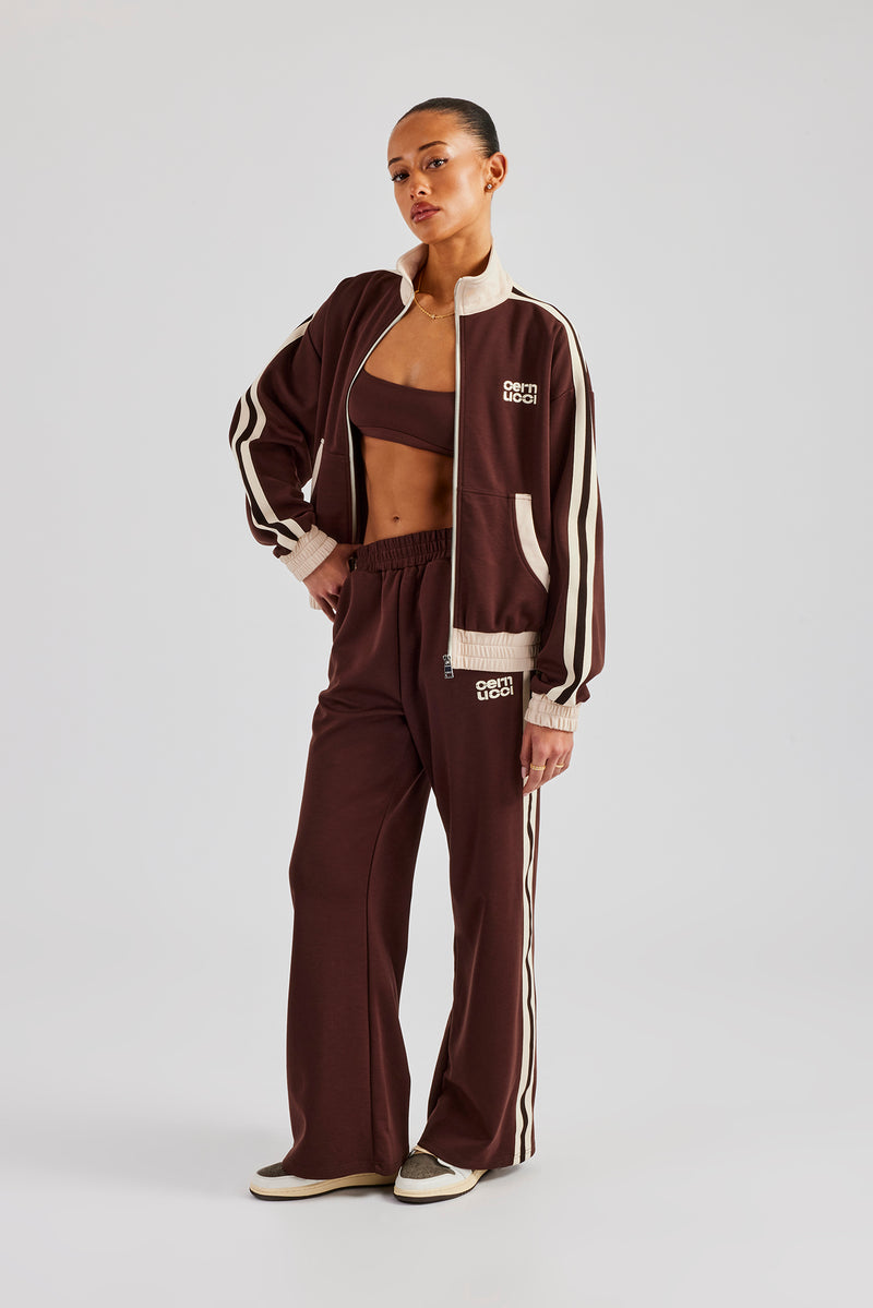 Colour Block Wide Leg Track Pant - Chocolate