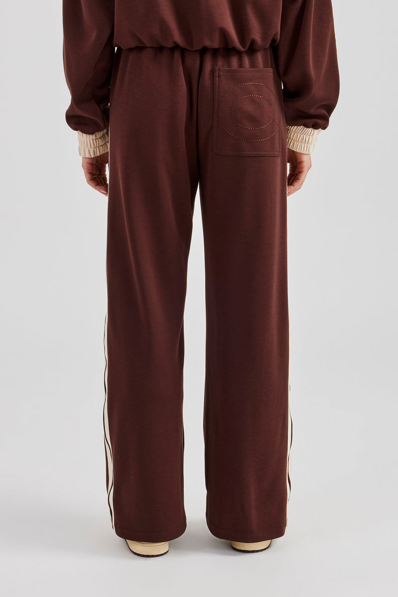 Colour Block Wide Leg Track Pant - Chocolate