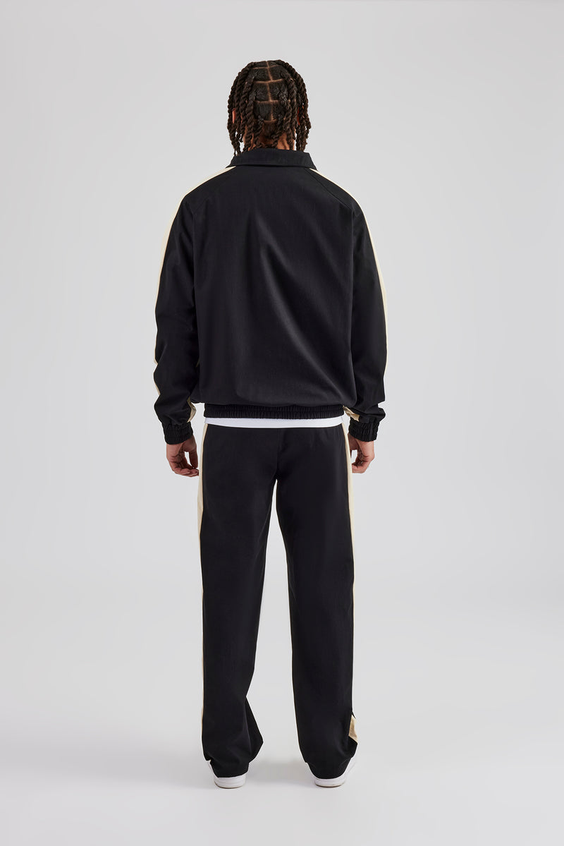 Quarter Zip Nylon Contrast Stripe Jacket & Straight Leg Jogger - Black