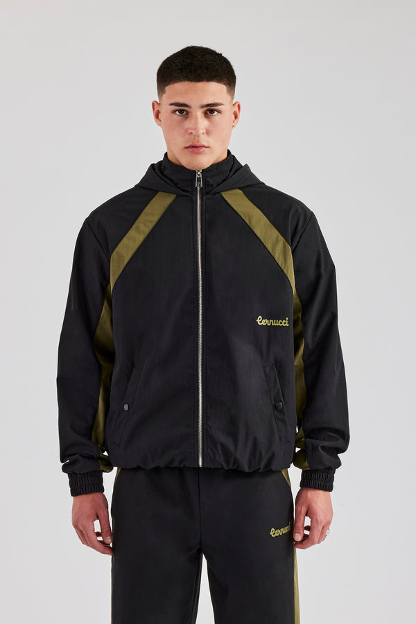 Hooded Nylon Contrast Block Jacket - Black