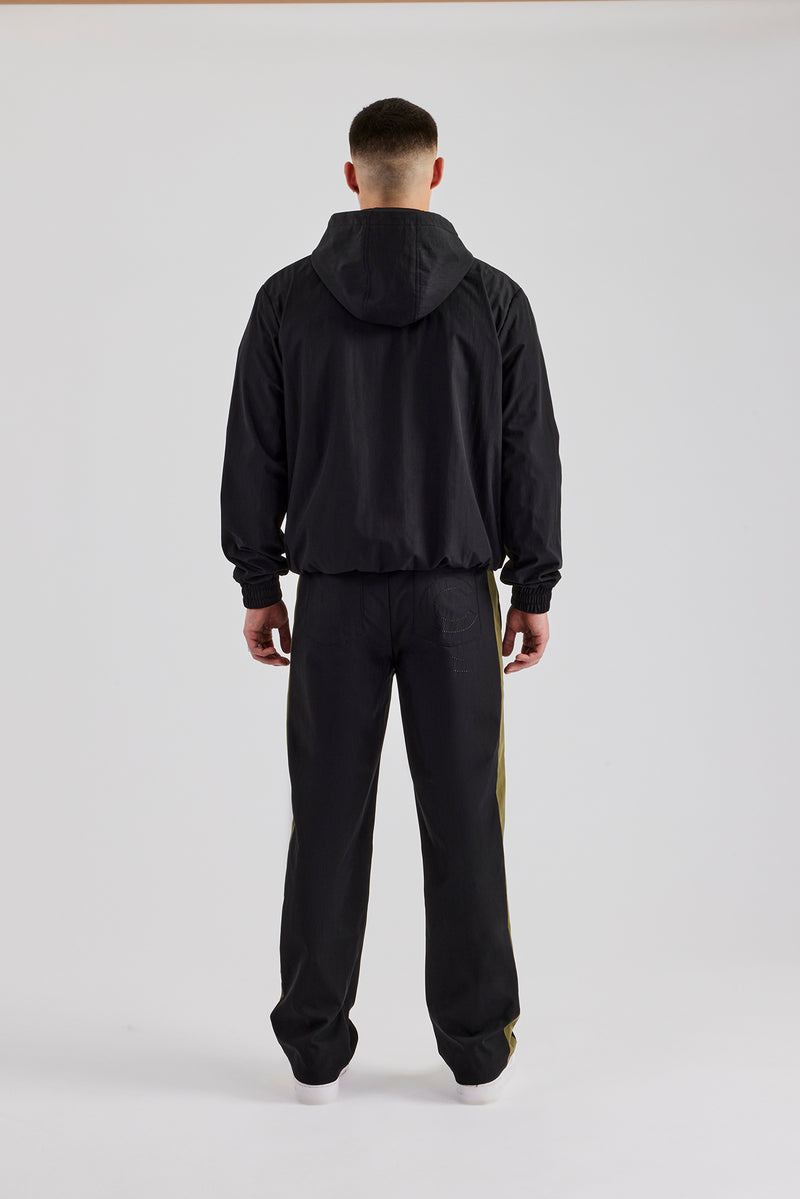 Hooded Nylon Contrast Block Jacket & Straight Leg Jogger - Black