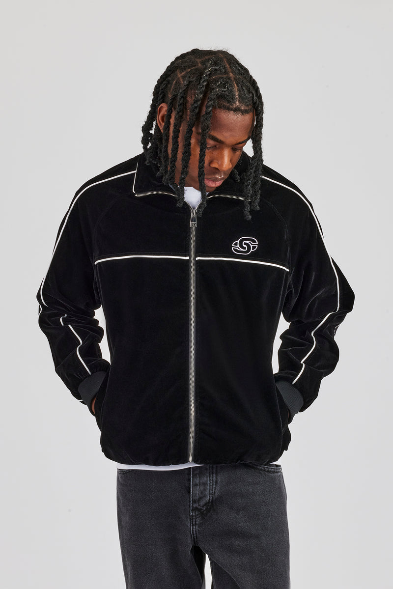 Velour Funnel Neck Piping Track Jacket - Black