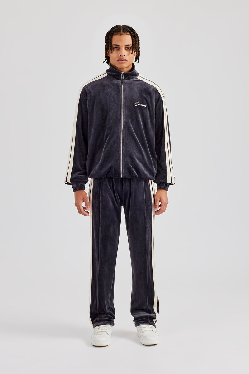 Zip Through Taping Velour Tracksuit - Charcoal