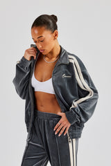 Funnel Neck Taping Zip Through Velour Track Jacket - Grey