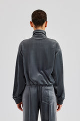 Funnel Neck Taping Zip Through Velour Track Jacket - Grey