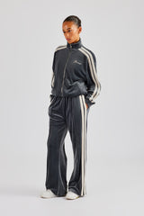 Funnel Neck Taping Zip Through Velour Tracksuit - Grey