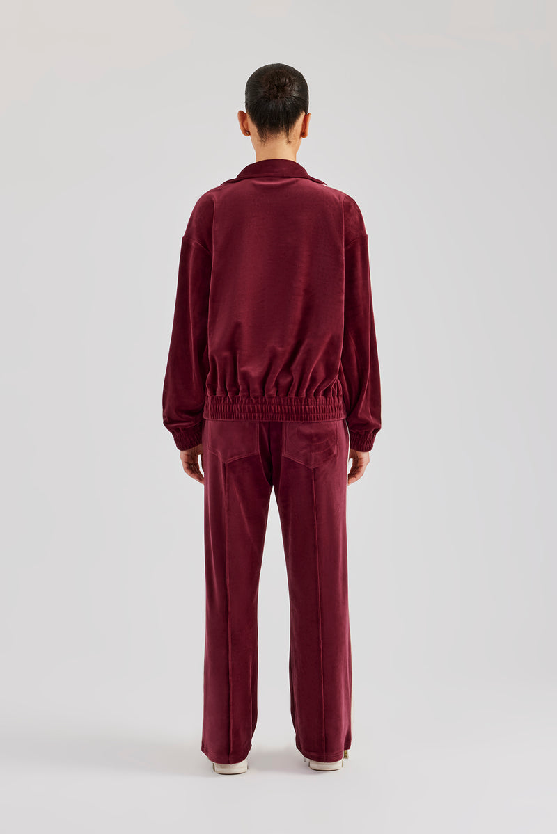 Funnel Neck Taping Zip Through Velour Tracksuit - Burgundy