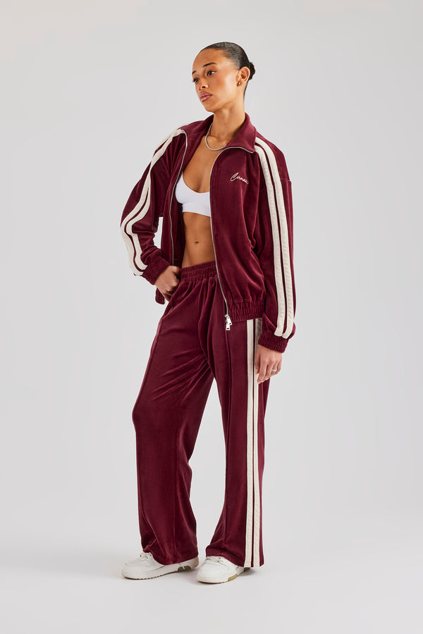 Taping Wide Leg Velour Track Pant - Burgundy