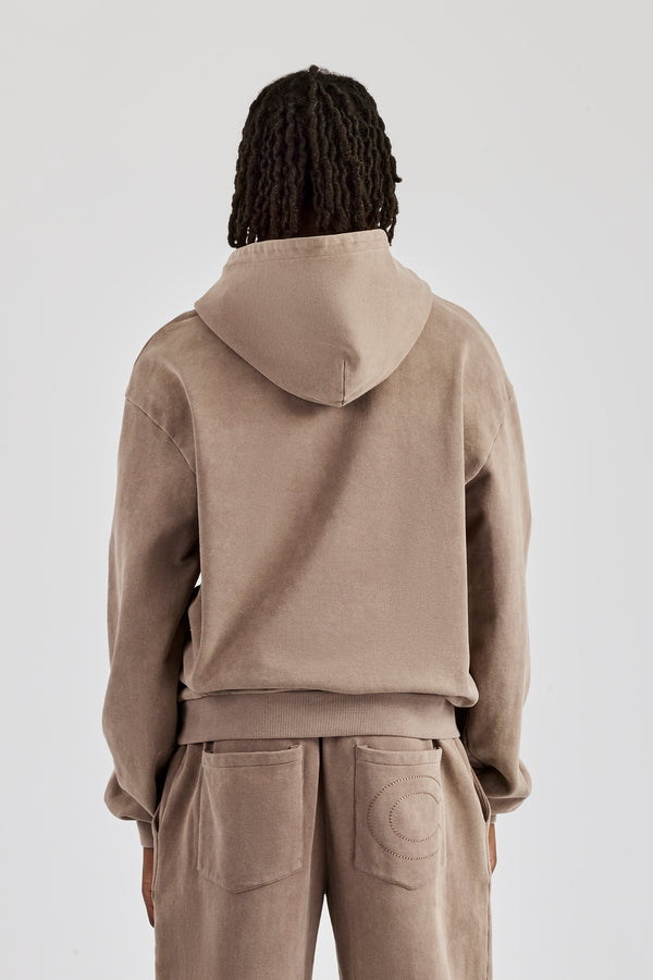 Washed Zip Through Hoodie - Taupe