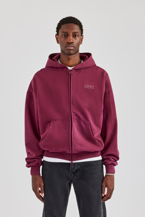 Washed Zip Through Hoodie - Burgundy