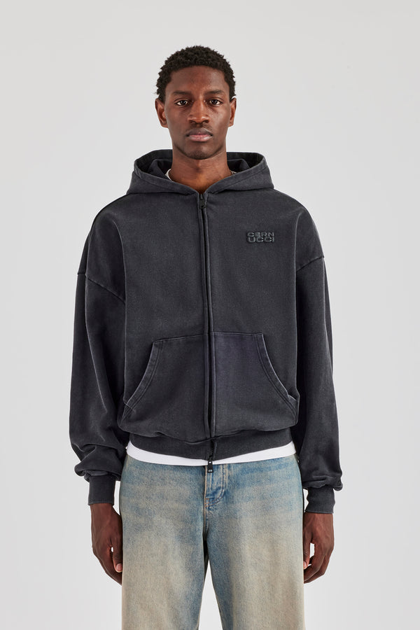 Washed Zip Through Hoodie - Black