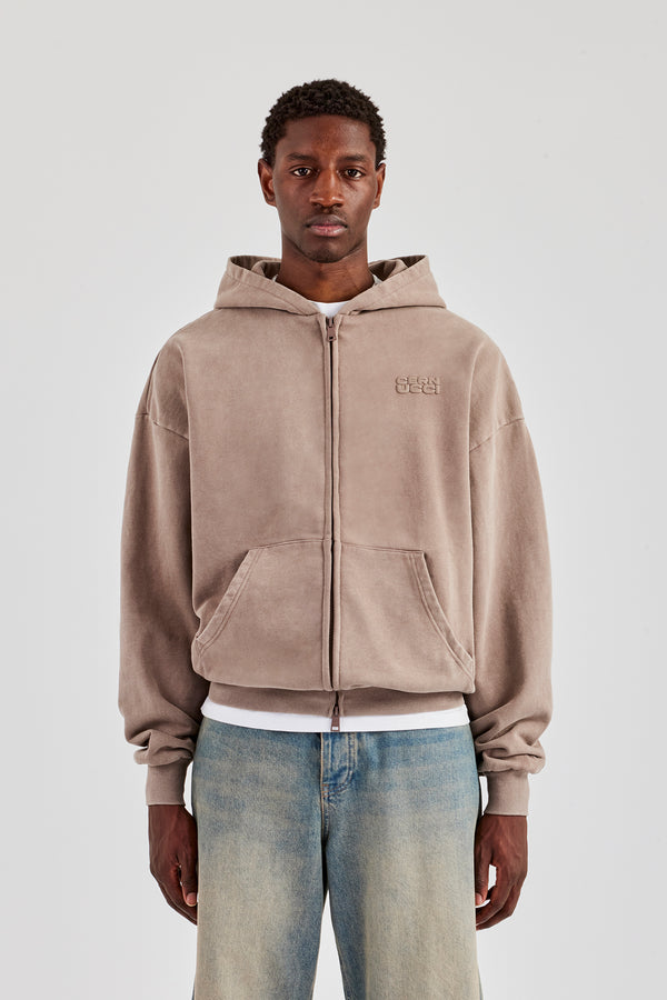 Washed Zip Through Hoodie - Taupe