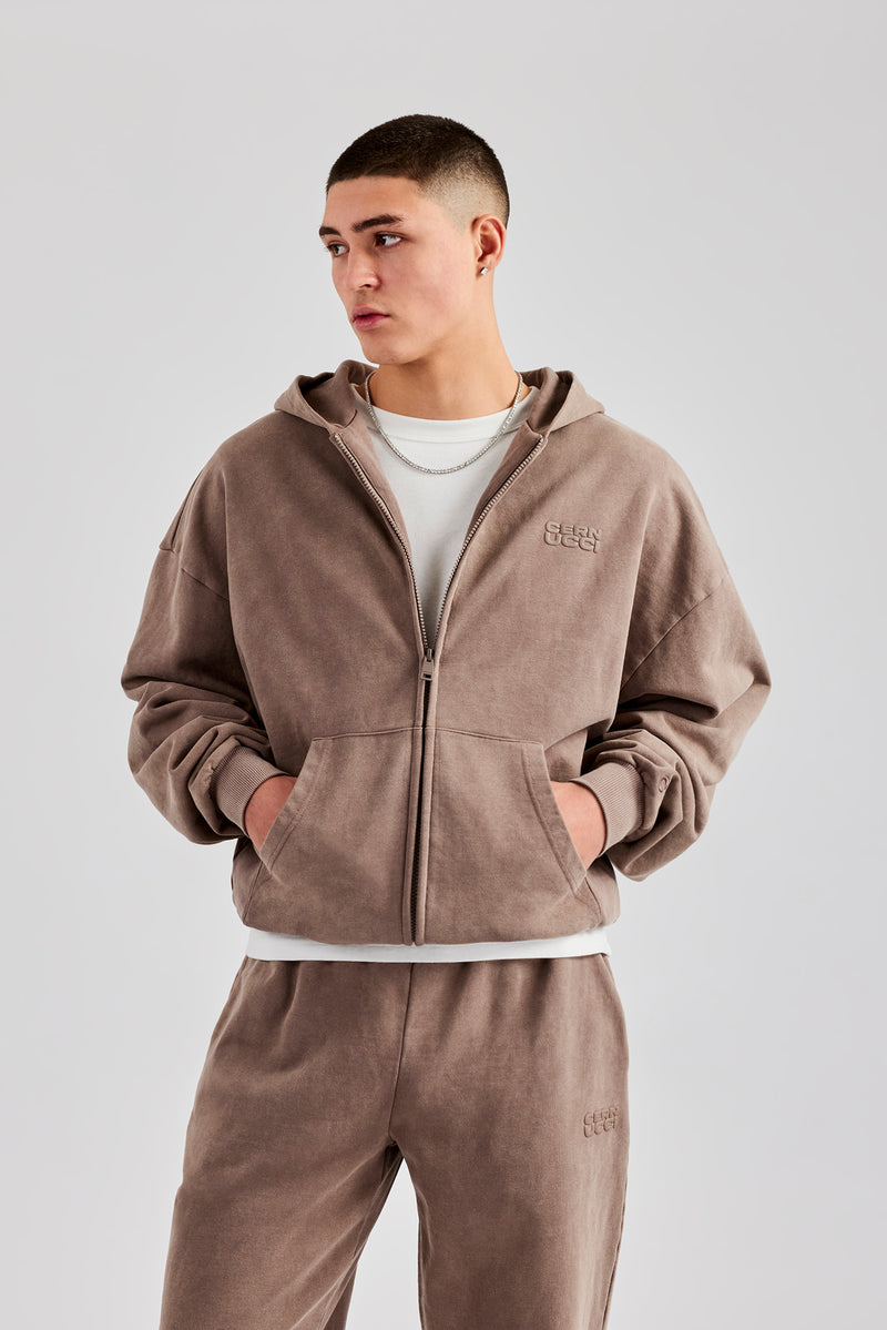 Washed Zip Through Hoodie - Taupe