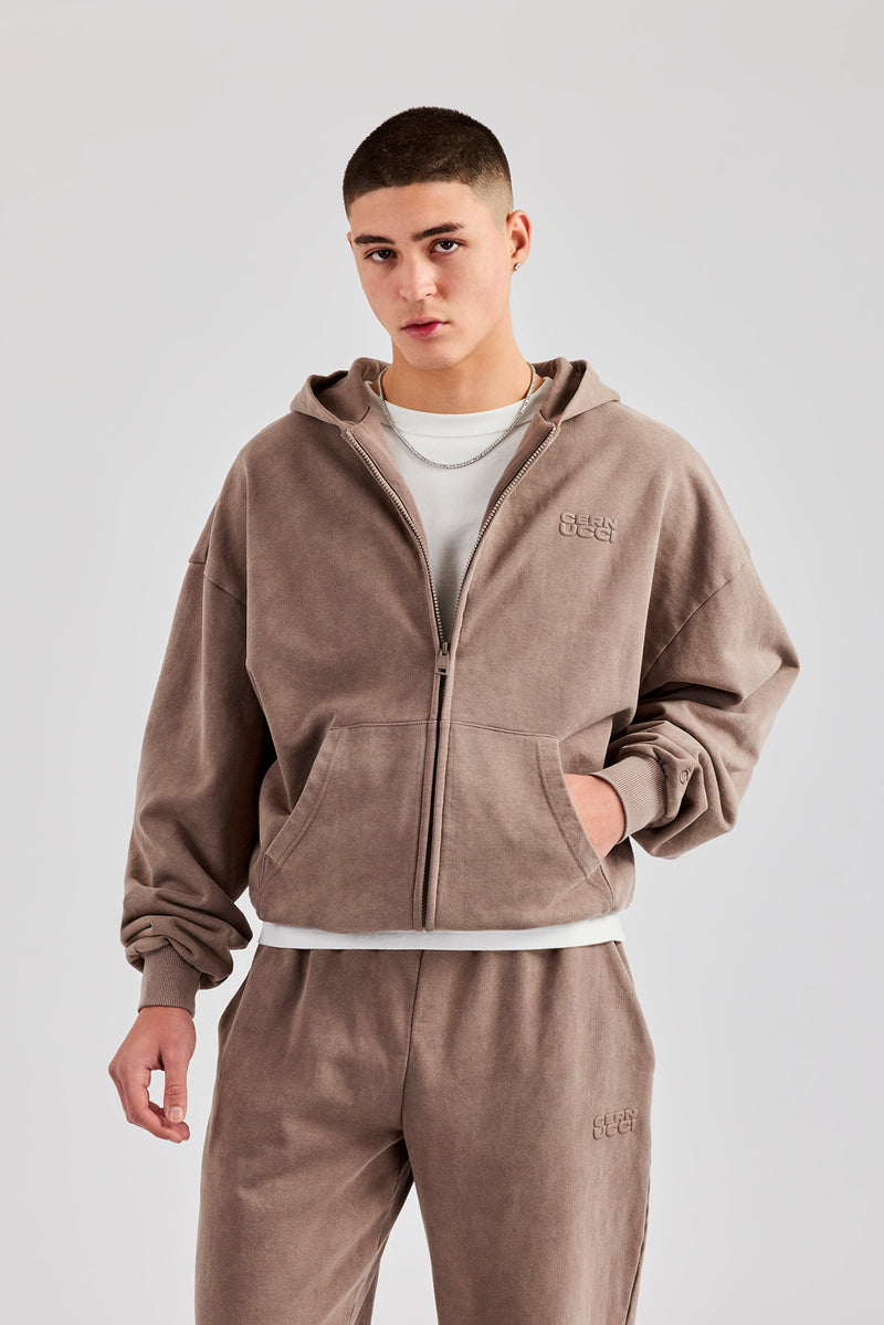 Washed Zip Through Hoodie - Taupe