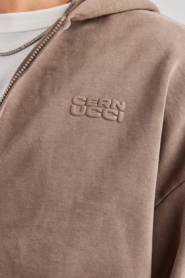 Washed Zip Through Hoodie - Taupe