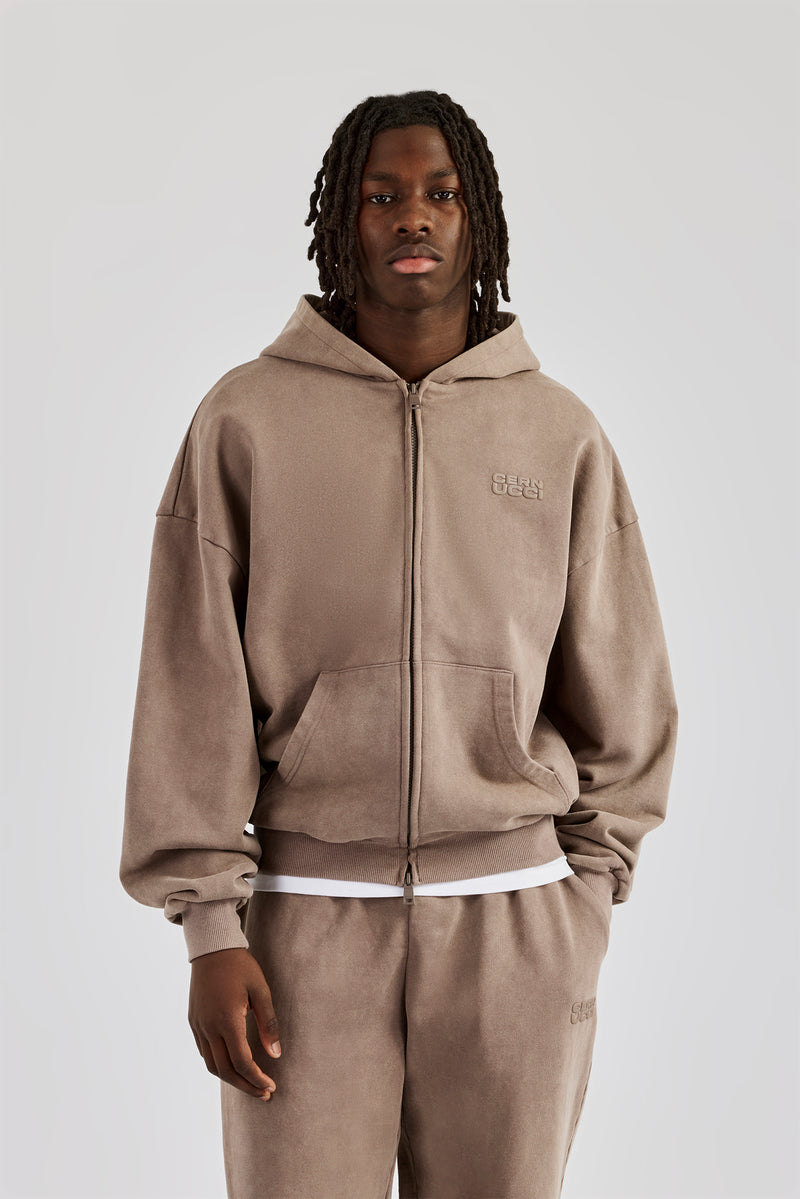 Washed Zip Through Hoodie - Taupe