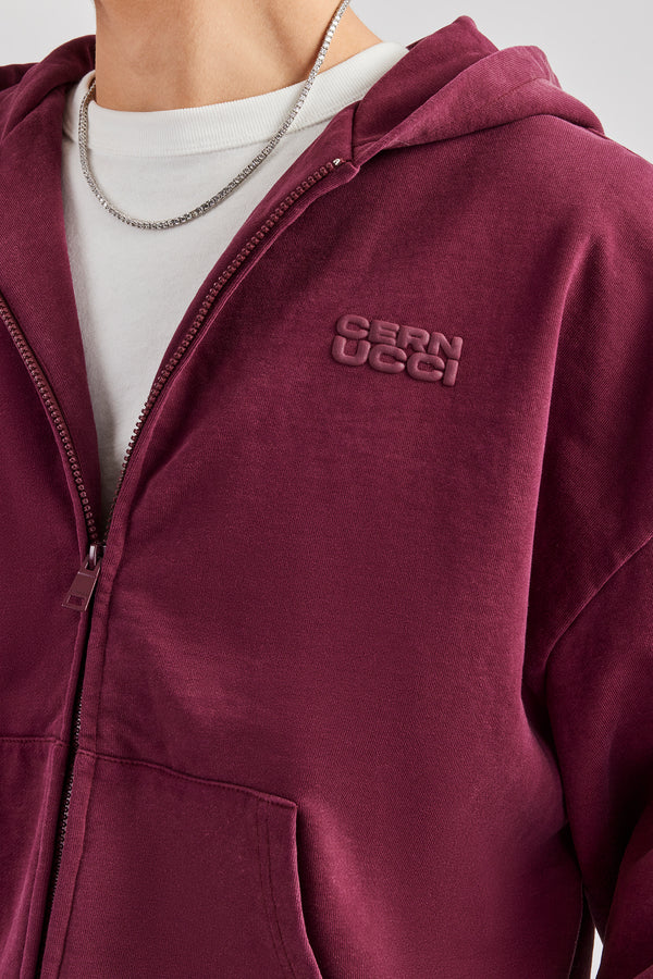 Washed Zip Through Hoodie - Burgundy