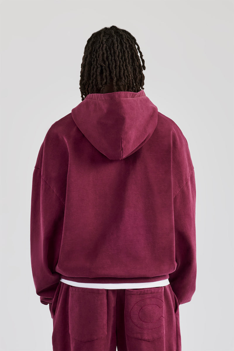 Washed Zip Through Hoodie - Burgundy