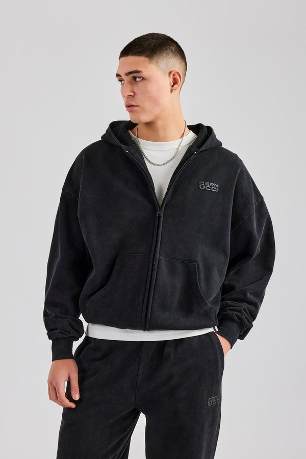 Washed Zip Through Hoodie - Black