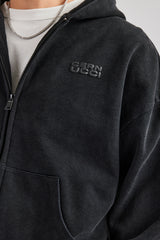 Washed Zip Through Hoodie - Black