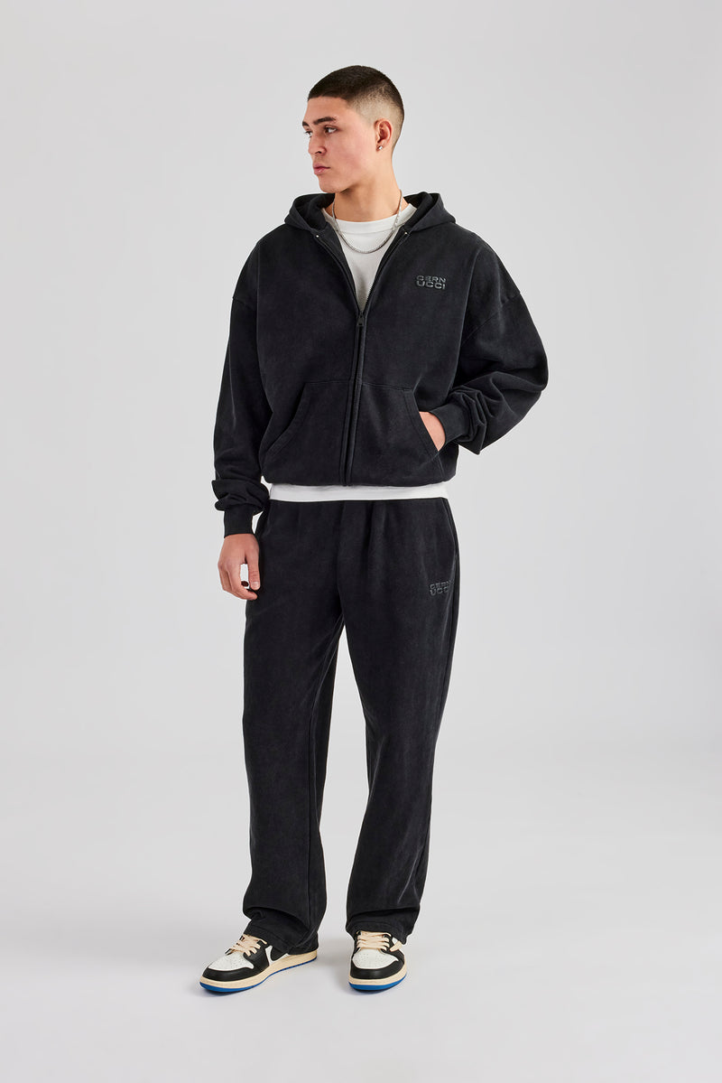 Washed Zip Through Hoodie - Black