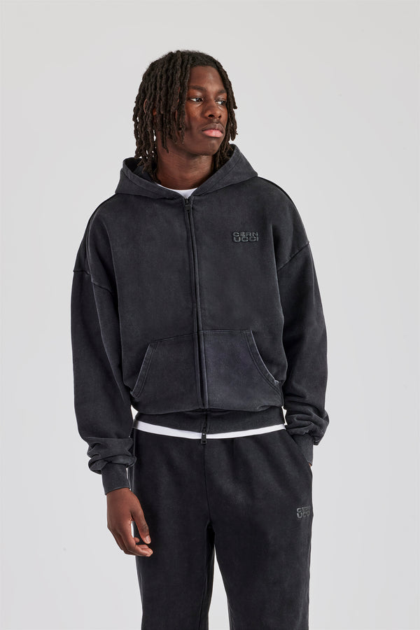 Washed Zip Through Hoodie - Black