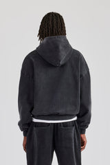 Washed Zip Through Hoodie - Black