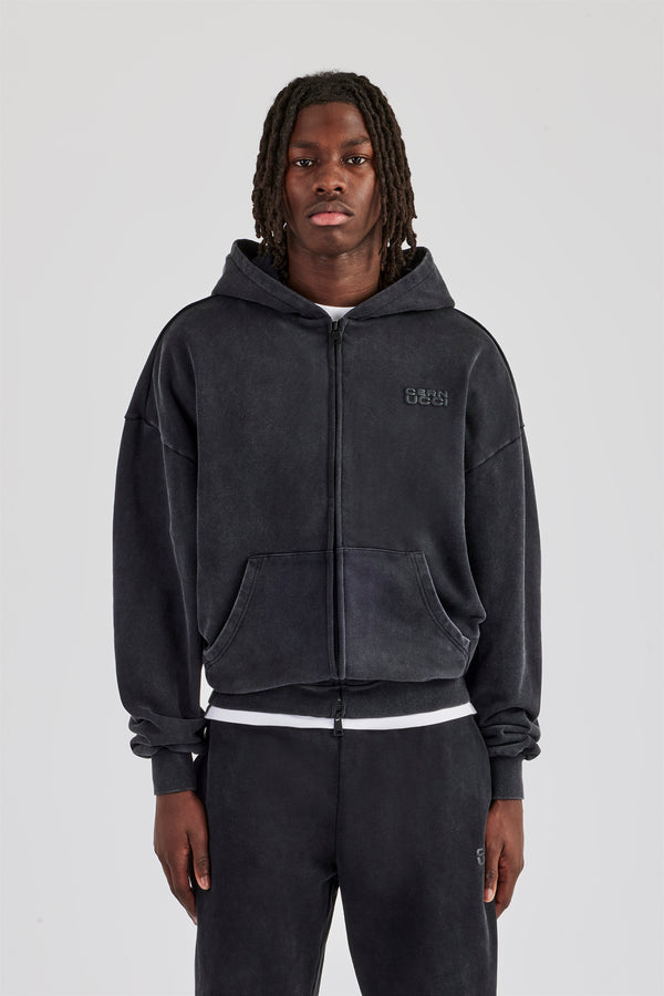 Washed Zip Through Hoodie - Black