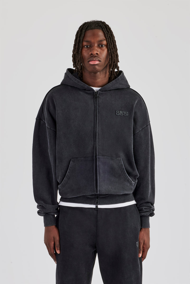 Washed Zip Through Hoodie - Black