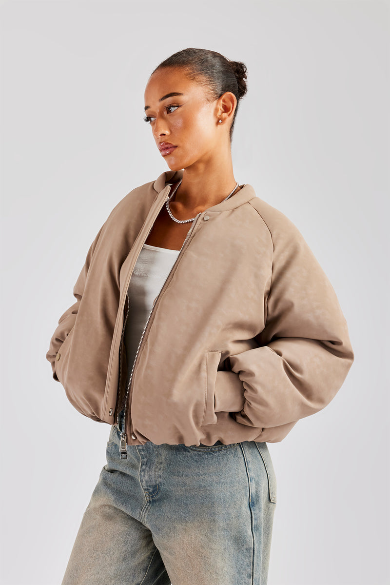 Cernucci Cropped PU Puffer Bomber Jacket - Taupe