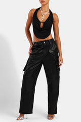 Wide Leg Faux Leather Cargo Trouser - Black