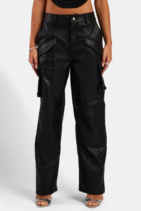 Wide Leg Faux Leather Cargo Trouser - Black