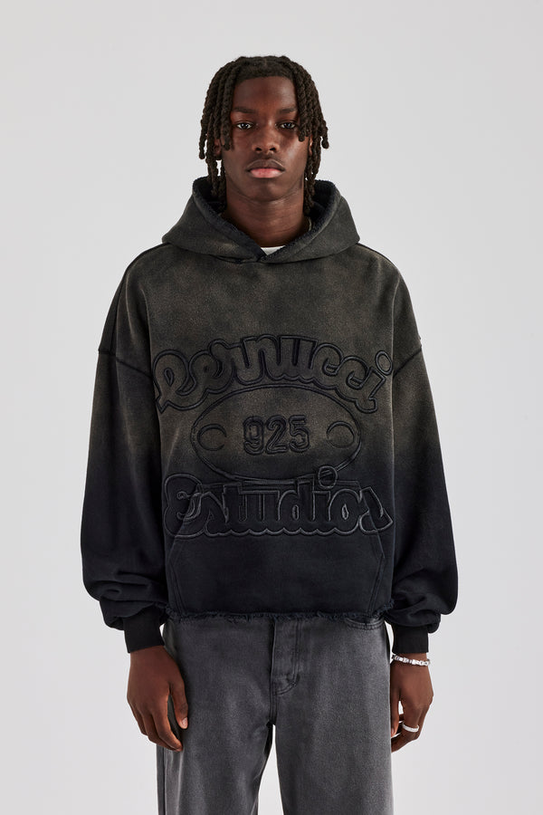 Washed Embroidered Boxy Hoodie - Black