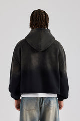 Washed Embroidered Boxy Hoodie - Black