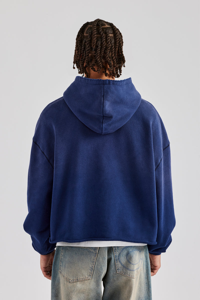 Washed Embroidered Boxy Hoodie - Navy Blue