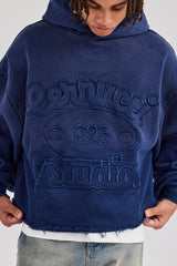 Washed Embroidered Boxy Hoodie - Navy Blue