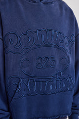 Washed Embroidered Boxy Hoodie - Navy Blue