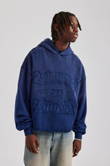 Washed Embroidered Boxy Hoodie - Navy Blue