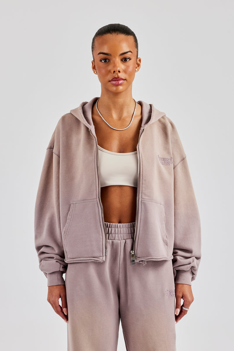 Washed Boxy Fit Zip Through Hoodie - Mauve