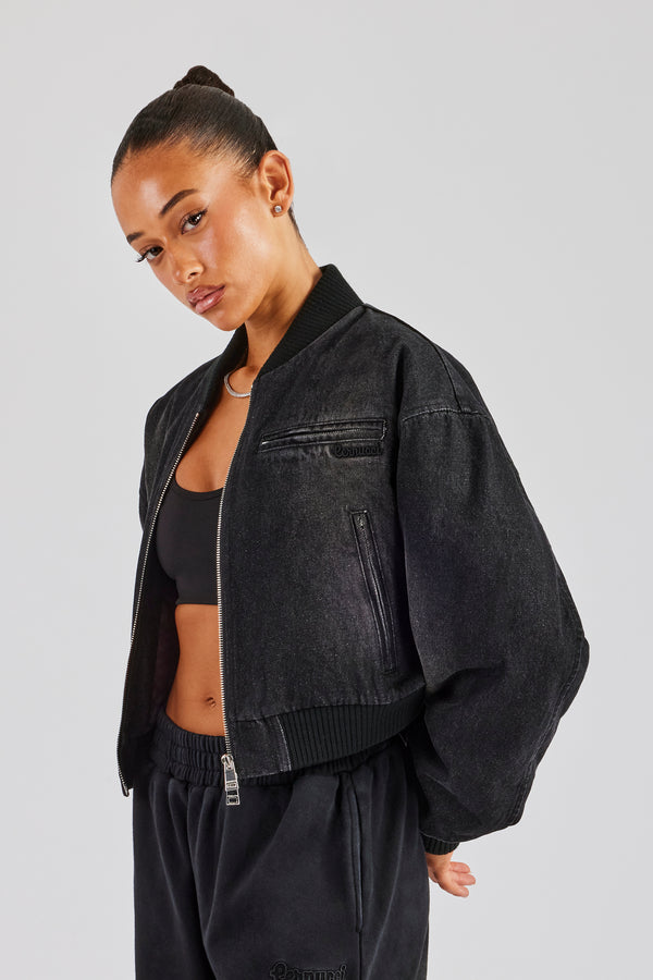 Washed Denim Bomber Jacket - Black