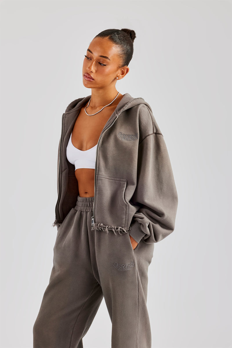 Washed Boxy Fit Zip Through Hoodie - Grey