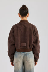 Washed Denim Bomber Jacket - Brown