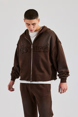 Washed Applique Zip Through Hoodie - Chocolate