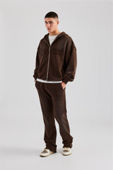 Washed Applique Zip Through Hoodie - Chocolate