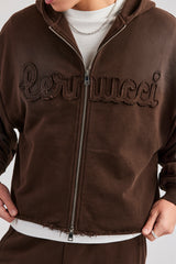 Washed Applique Zip Through Hoodie - Chocolate